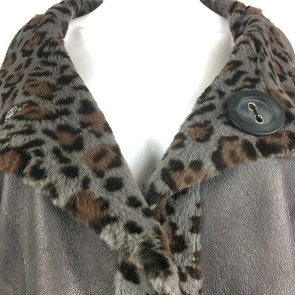Grandi‎ Coat Womens Sz M Italy Gray Leather Leopard Faux Fur Reversible Trench - Picture 6 of 11